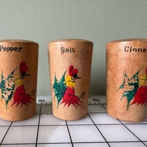 Vintage Wooden Spice Shakers with Rooster Design Made in Japan